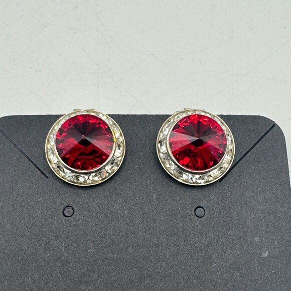 Vintage Silver-Tone Clip-On Earrings With Large Red Rhinestones & Clear Accents - Picture 2 of 4